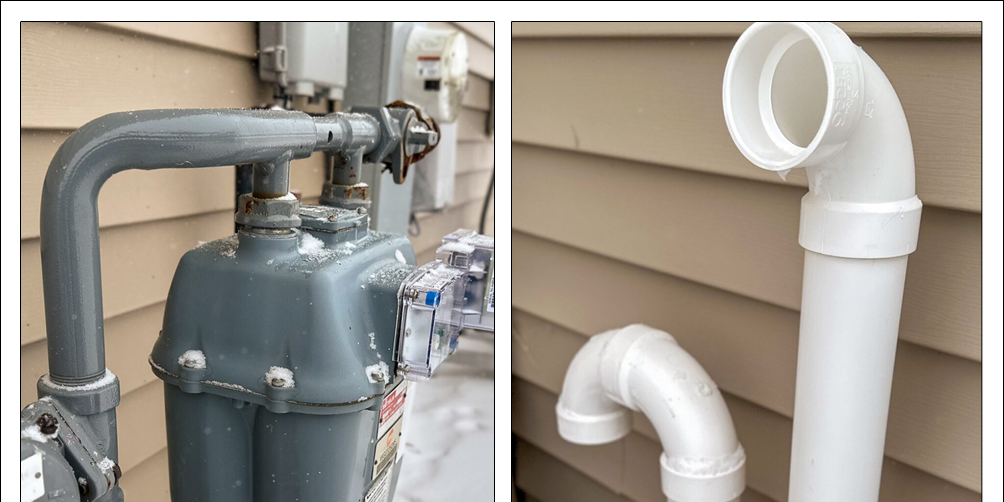 Side-by-side photos of a natural gas meter and outdoor vents for a furnace.